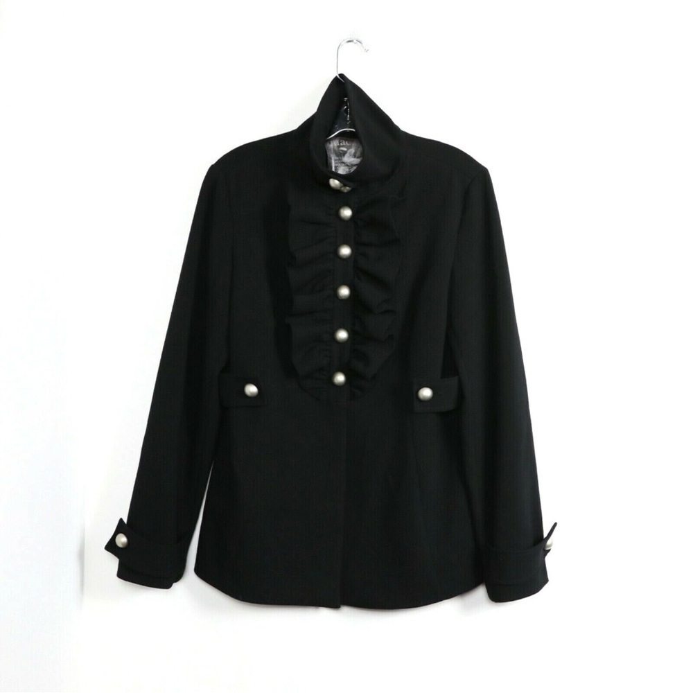 Mac&Jac Anthropologie black ruffle bib coat dramatic gothic Victorian romantic M